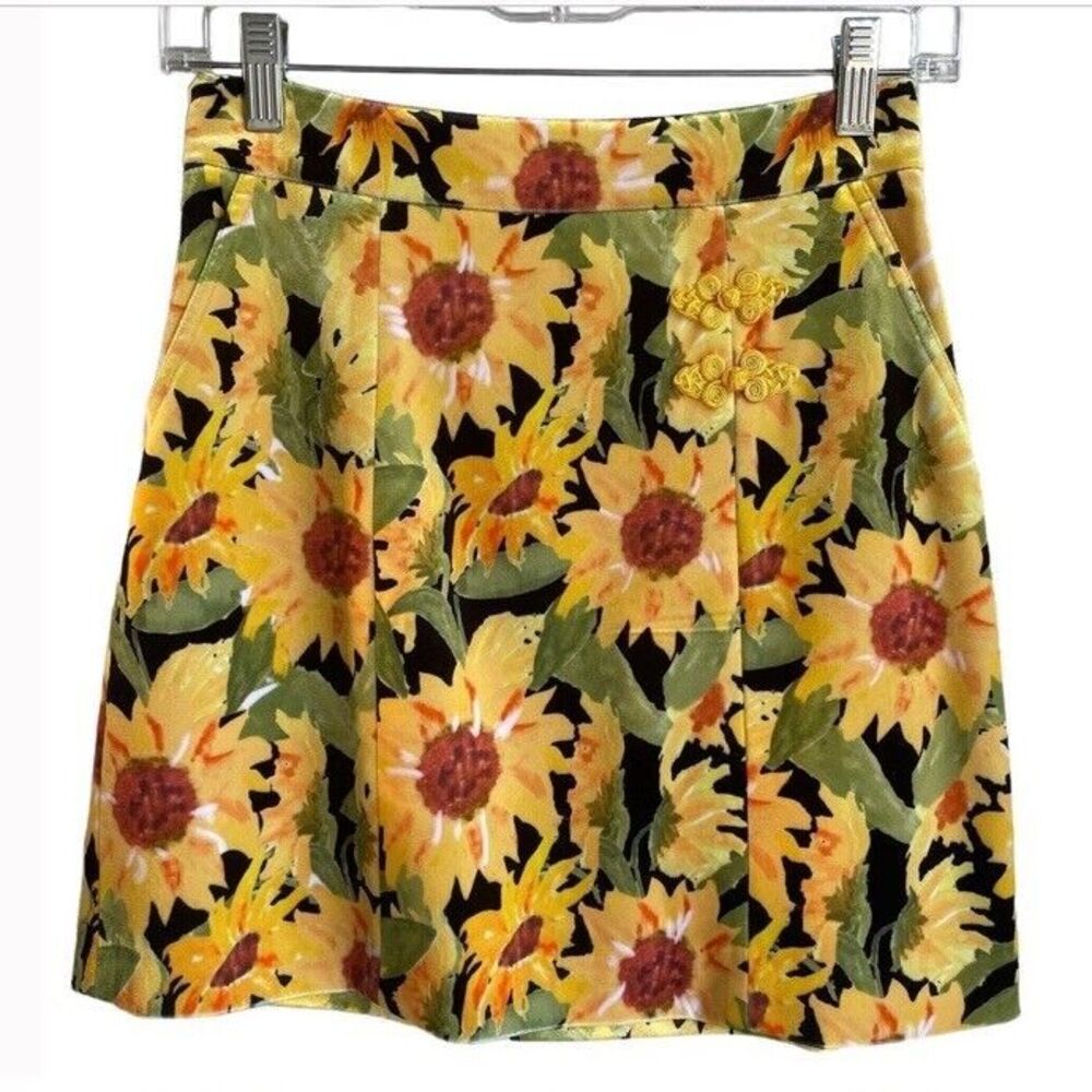 Y2k 90s Mini Skirt Sunflower Velvet Lined Hippie Boho Chinese Floral Small NEW